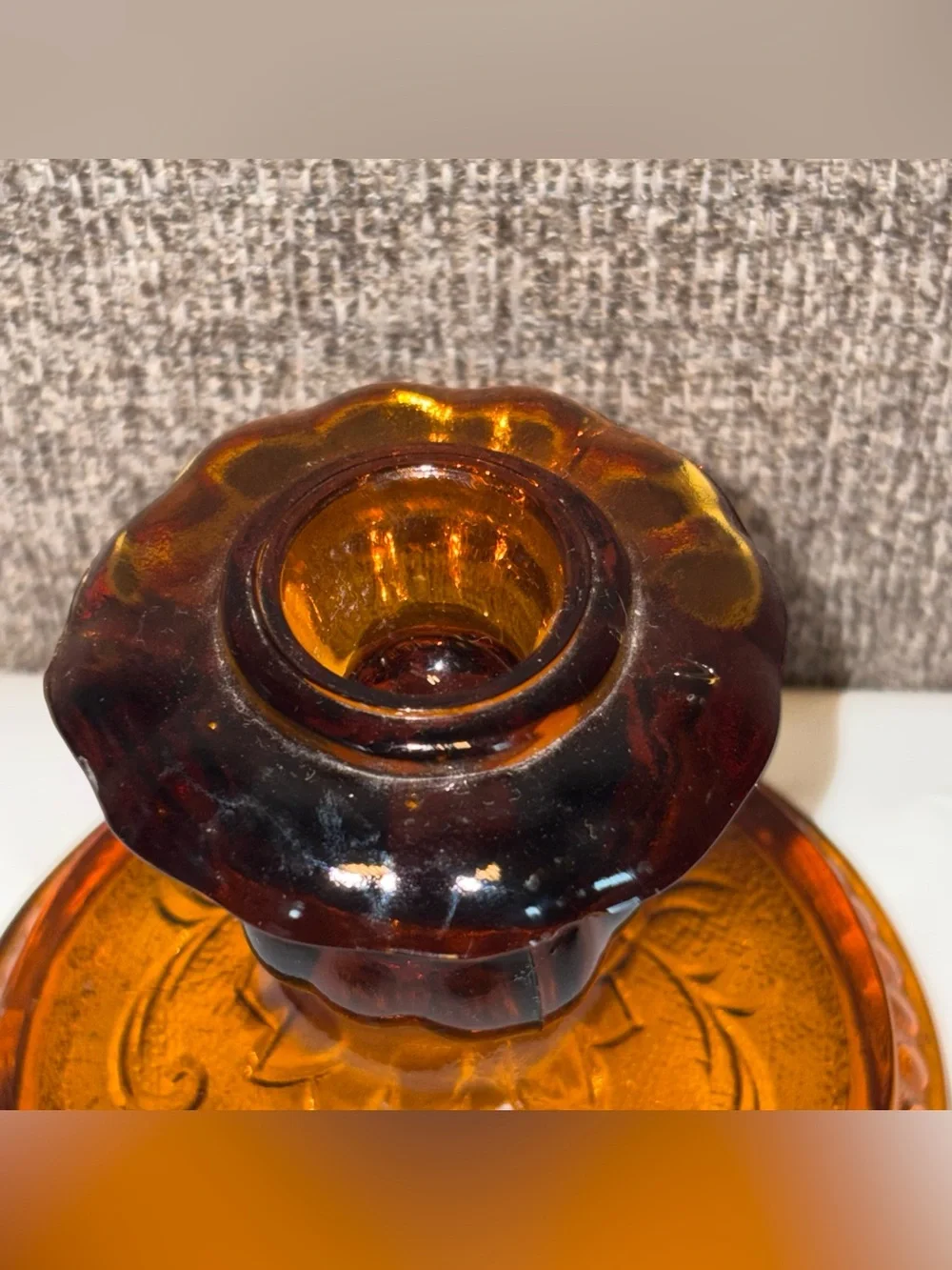 Vintage Indiana Glass Co Tiara Amber Candlestick Candle Holder Sandwich Pattern